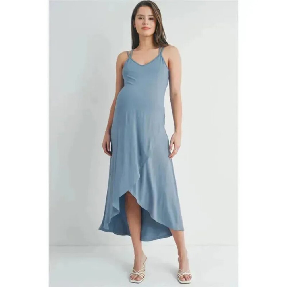 Hello Miz - High-Low Cross Back Maternity Midi Dress, Chambray